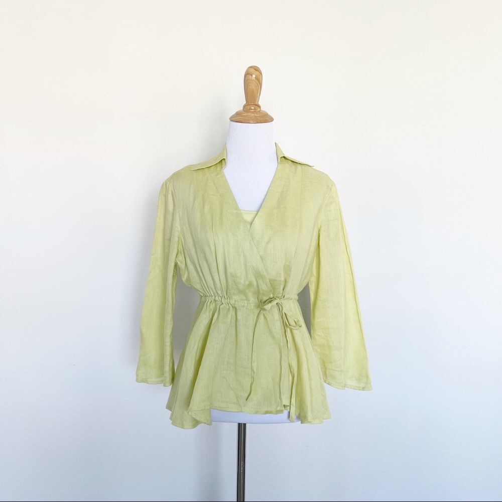 Samuel Dong Lime Green Linen wrap Blouse with separate tank